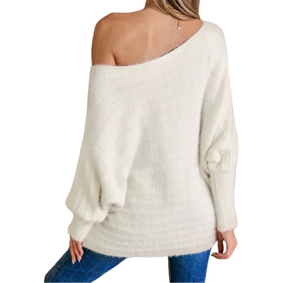 Ivory Off-Shoulder Puff Sleeve Sweater small NWT - Picture 3 of 9